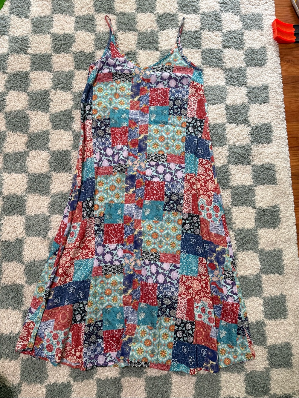 Natural Life 100% cotton Multicolor Patchwork Maxi Slip Dress size medium boho